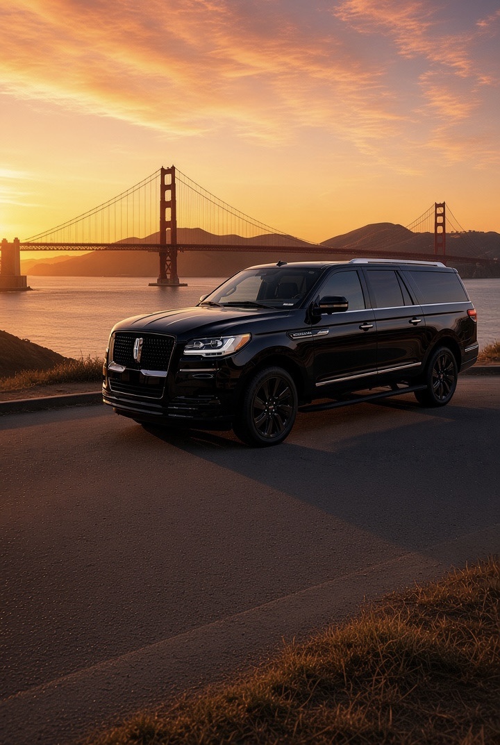 Luxury black Lincoln Navigator SUV with Golden Gate Bridge at sunset