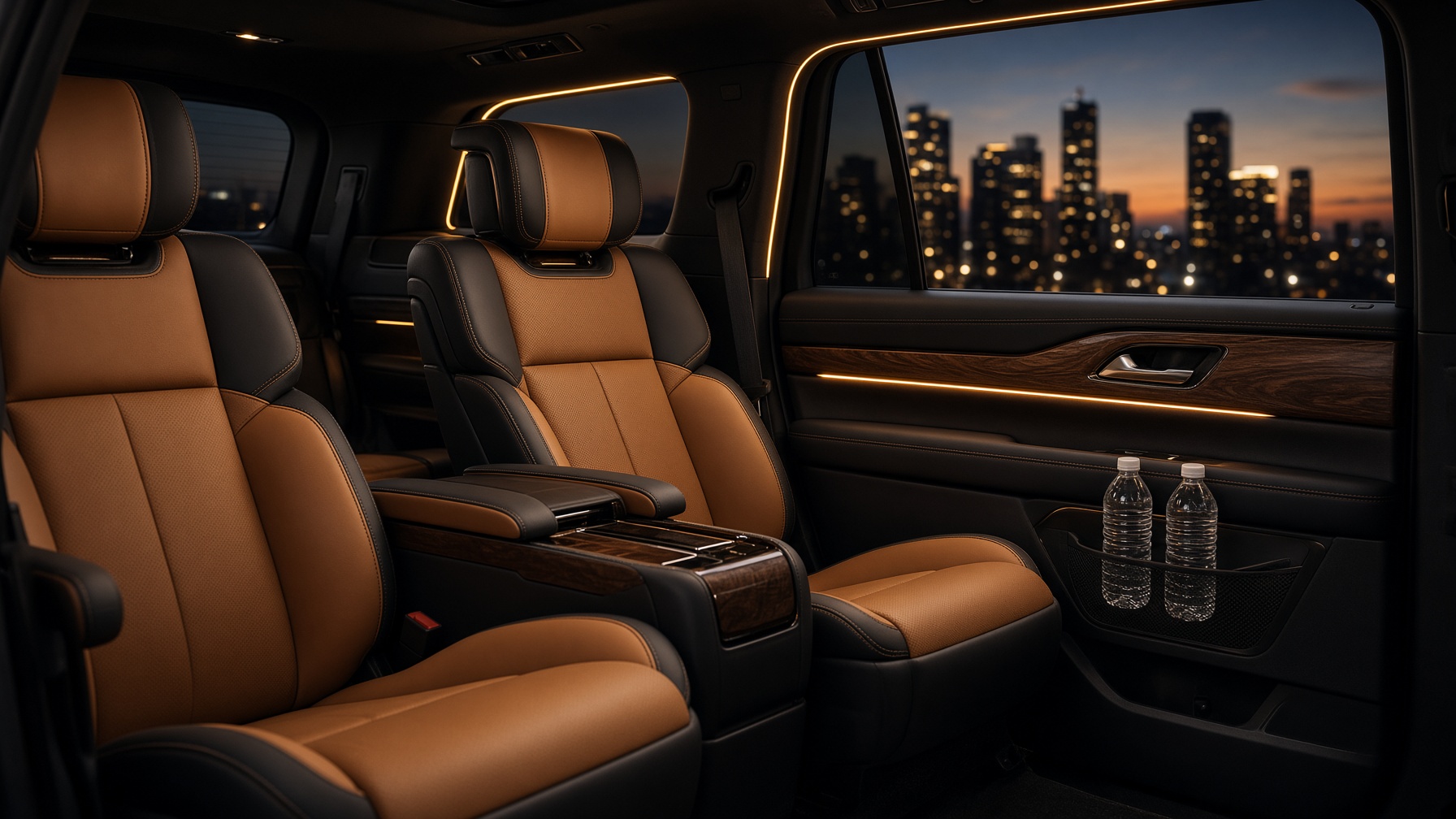 Leather captain seats inside a luxury black SUV